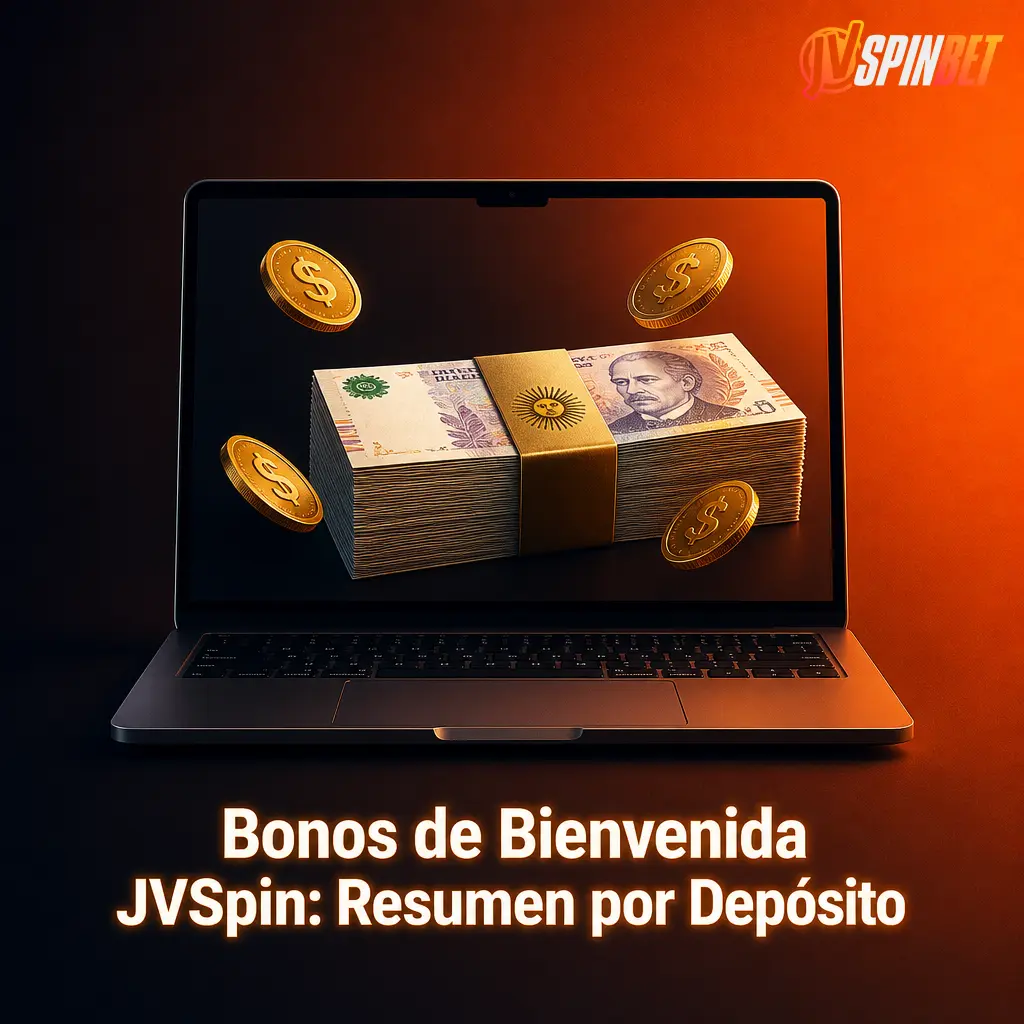 Tabla con los bonos de bienvenida JVSpin por depósito: porcentaje, monto máximo, rollover y depósito mínimo requerido.