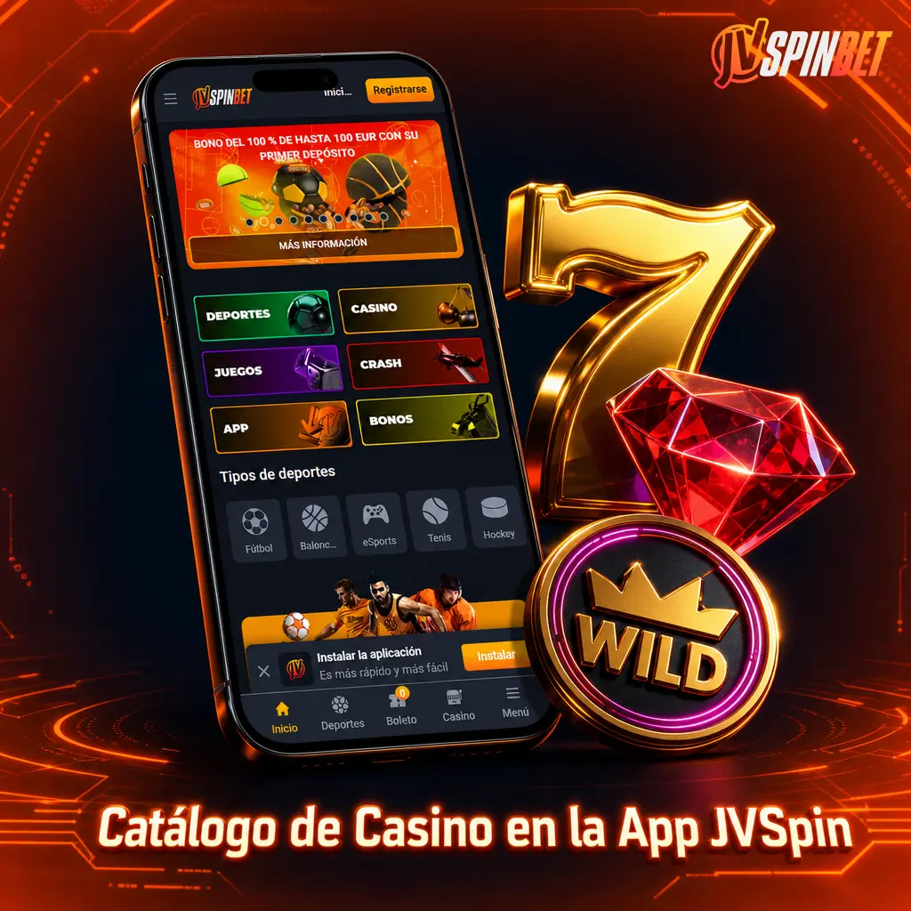 Catálogo de juegos en la app JVSpin: tragamonedas, mesas en vivo, crash y más opciones en HTML5