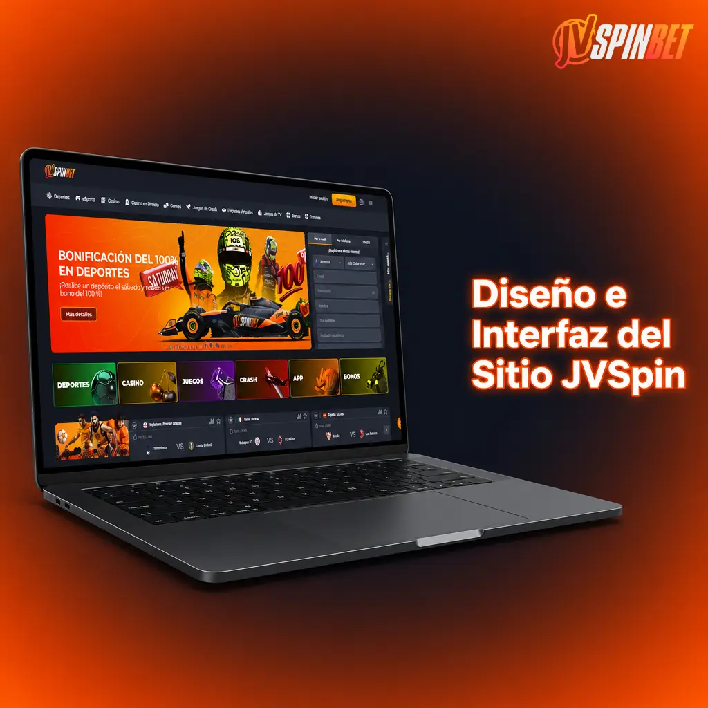 Interfaz de JVSpin con diseño oscuro y naranja, menú de casino, deportes y en vivo, filtros y barra de búsqueda