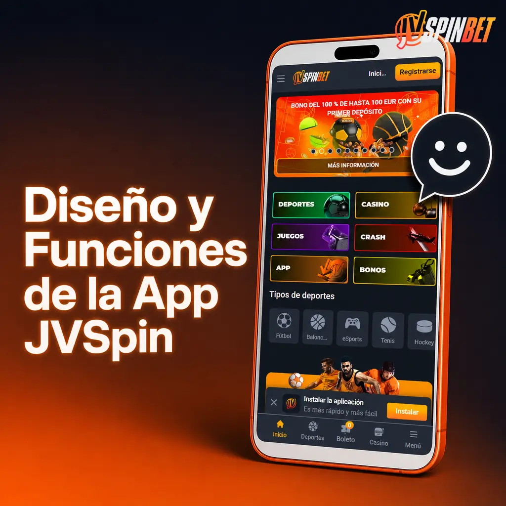 Diseño oscuro con acentos naranja, apuestas en vivo, casino HD y navegación rápida en la app JVSpin.