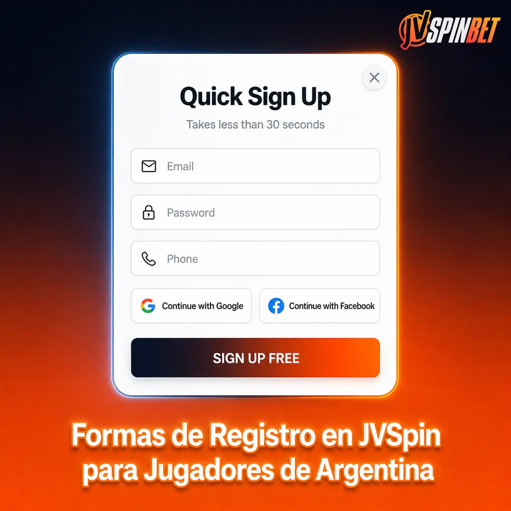 Guía visual de los 4 métodos de registro en JVSpin: estándar, rápido, redes sociales y móvil para Argentina.