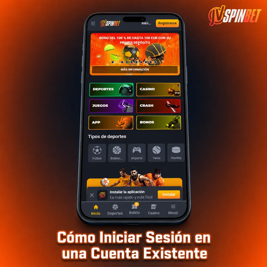 Pantalla de inicio de sesión en la app de JVSpin para acceder a una cuenta existente de forma rápida y segura