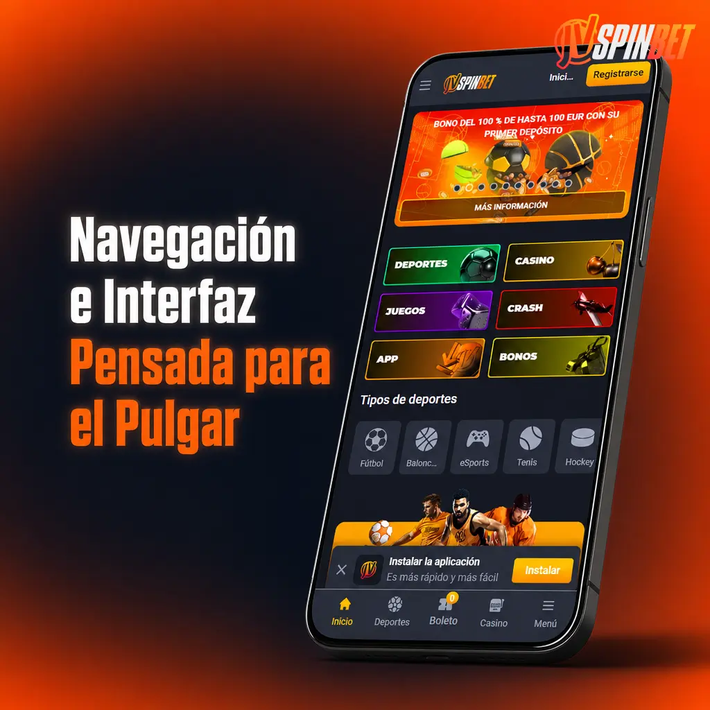 Barra inferior con accesos a Deportes, Casino, Promociones y Mi Cuenta, diseñada para navegación con el pulgar.