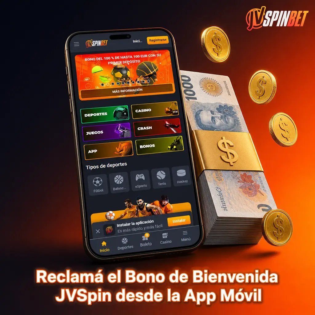 Captura de la app JVSpin mostrando cómo reclamar el bono de bienvenida desde el celular con Android o iOS.