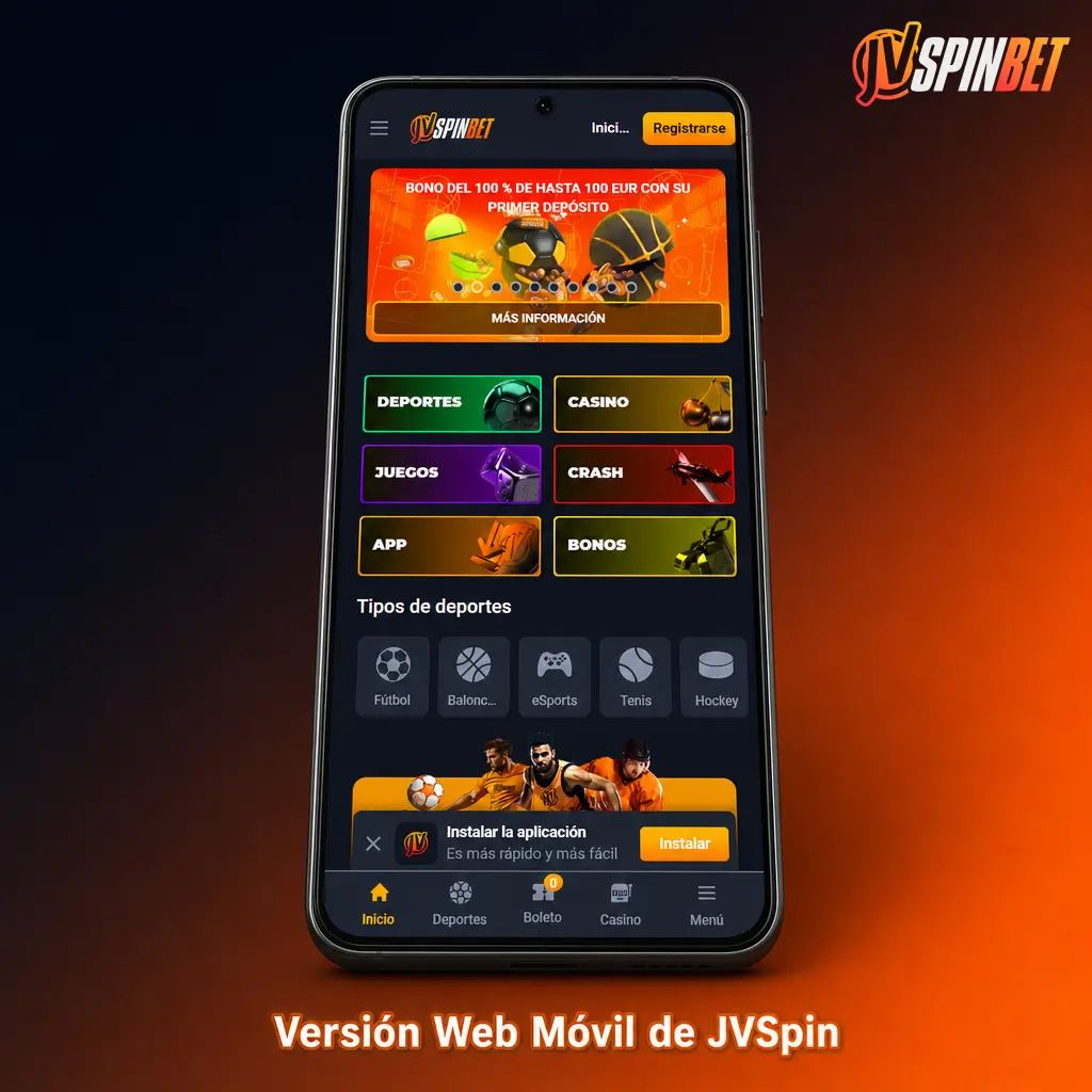 Versión web móvil de JVSpin accesible desde cualquier navegador, con casino, deportes, depósitos y retiros sin descargas.